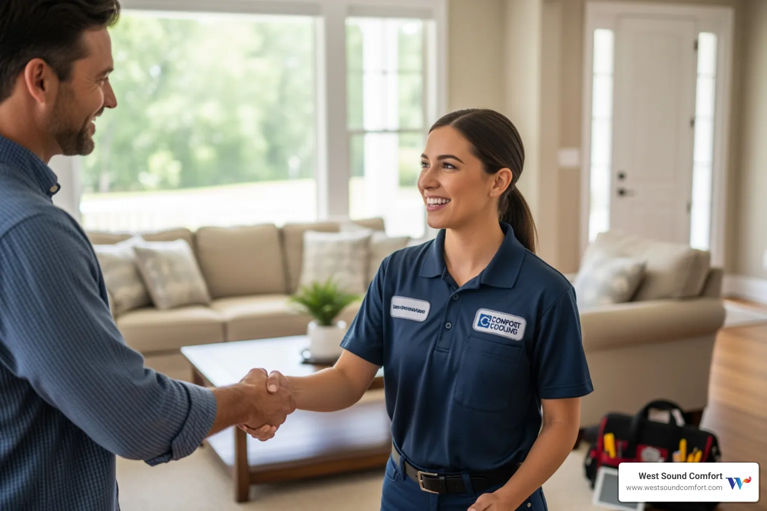 homeowner shaking hands with a friendly technician - certified heat pump technician in chimacum, wa