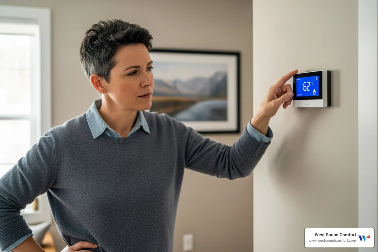 Image of a homeowner looking at their thermostat with a concerned expression - emergency furnace repair in bremerton, wa