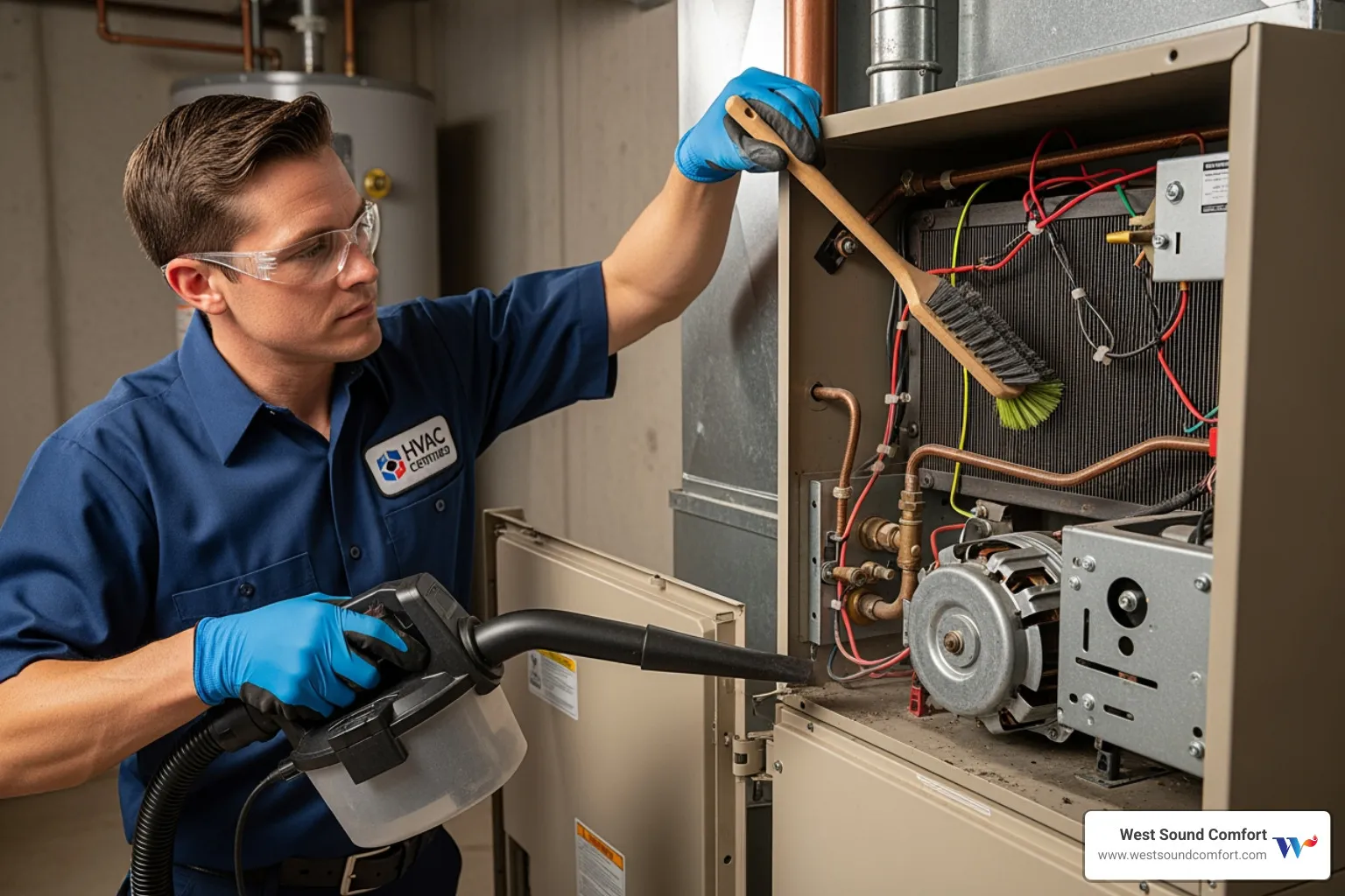 Image of a technician cleaning internal furnace components - certified furnace technician in kingston, wa