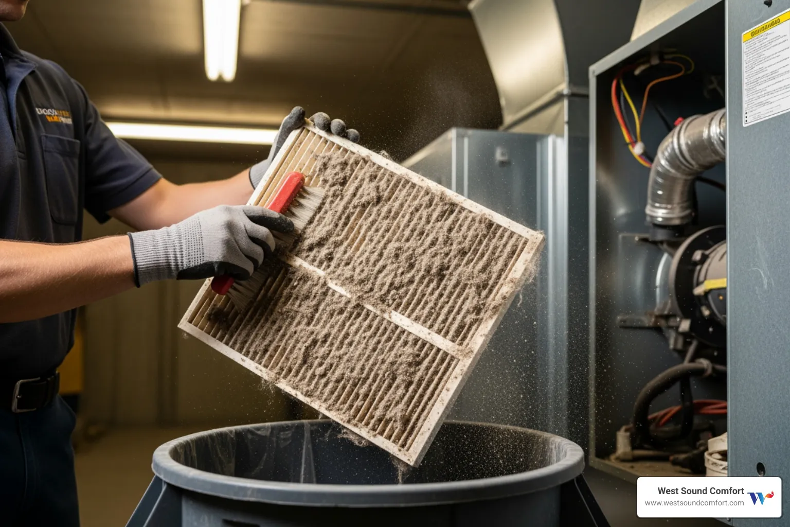 of a technician cleaning a clogged air filter - hvac short cycling in bainbridge island, wa