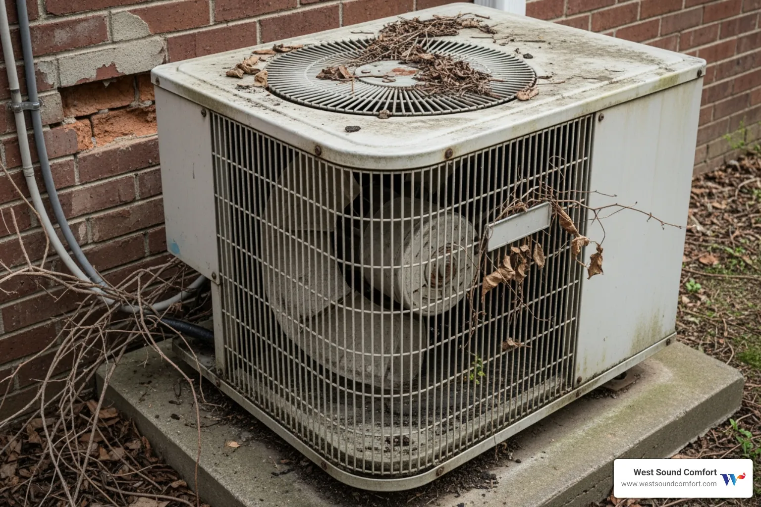 old, weathered outdoor AC unit - air conditioning replacement in carlsborg, wa