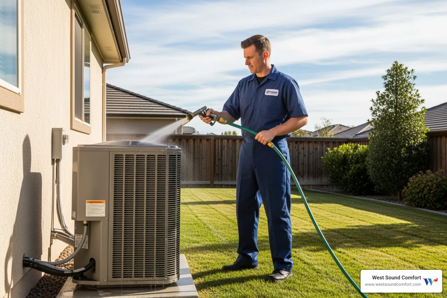 A technician cleaning an outdoor heat pump coil - heat pump maintenance in keyport, wa