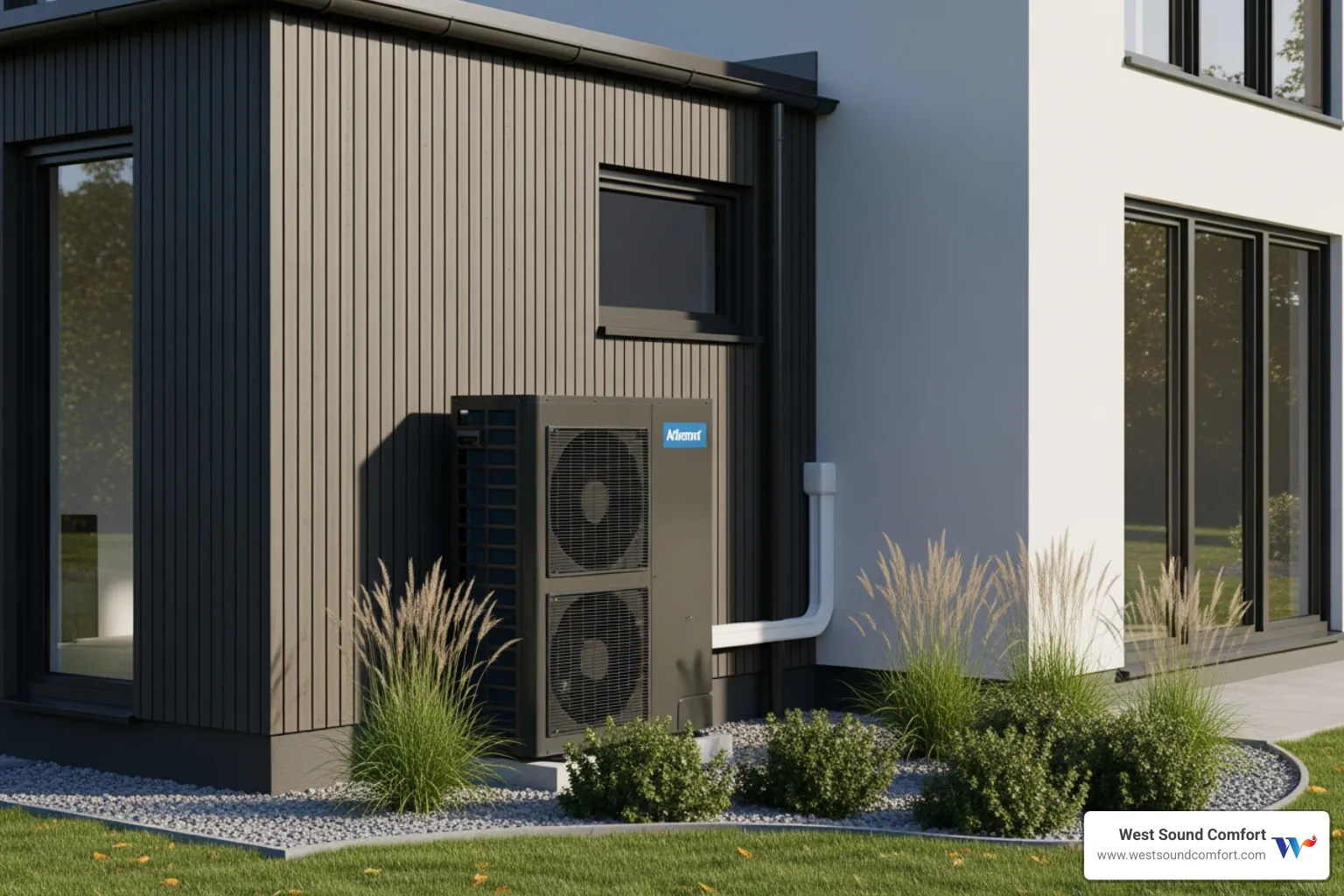 A modern heat pump unit on the side of a house, blending into the residential landscape - certified hvac technician in kingston, wa