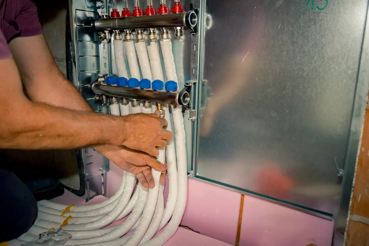 Close-up of a worker’s hands connecting white insulated pipes to a stainless steel radiant heating manifold.