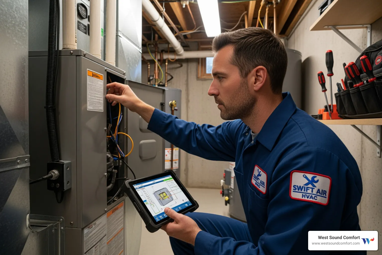 technician using a diagnostic tool on an indoor air handler - certified heat pump technician in eglon, wa