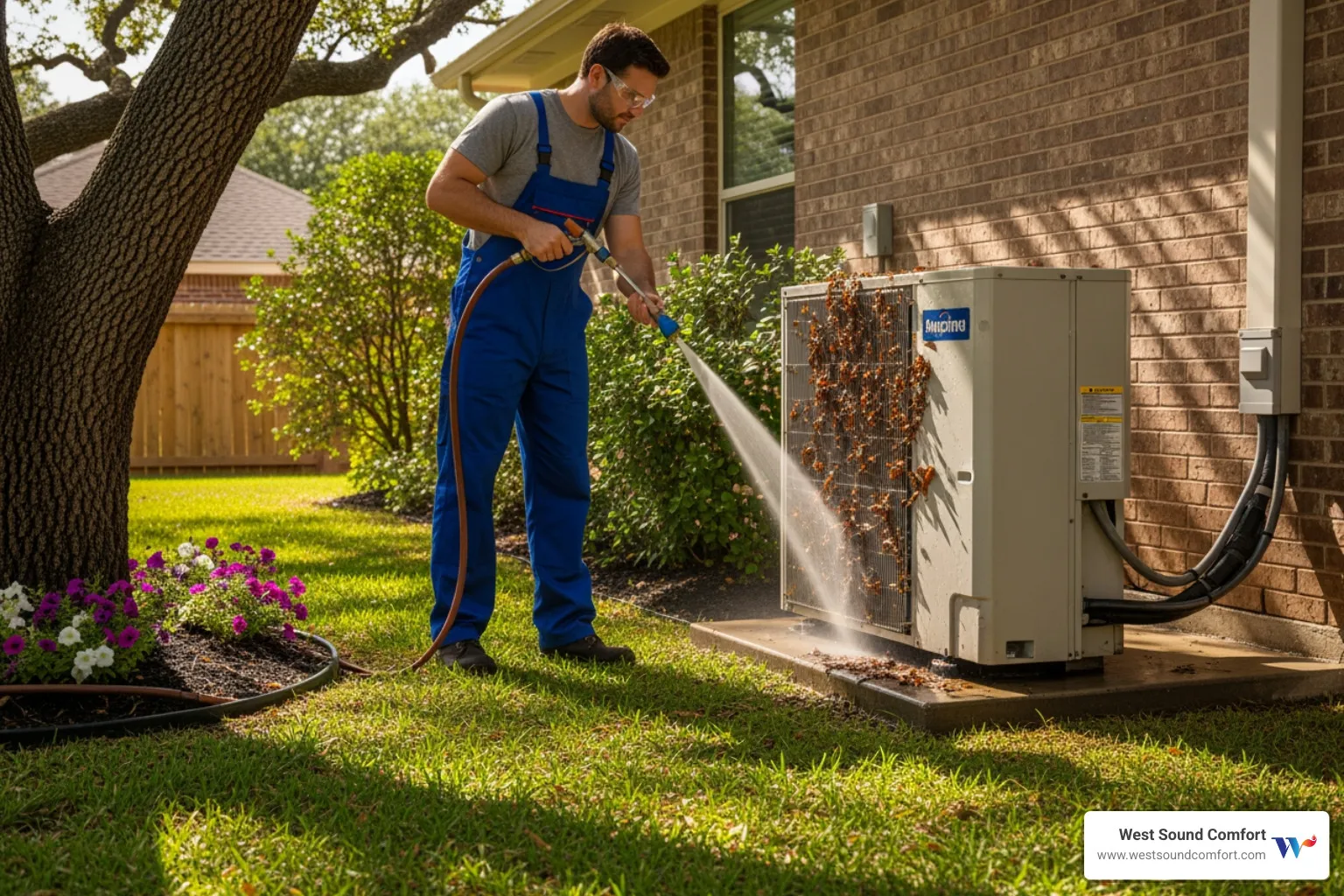 technician cleaning outdoor heat pump coils - certified heat pump technician in eglon, wa