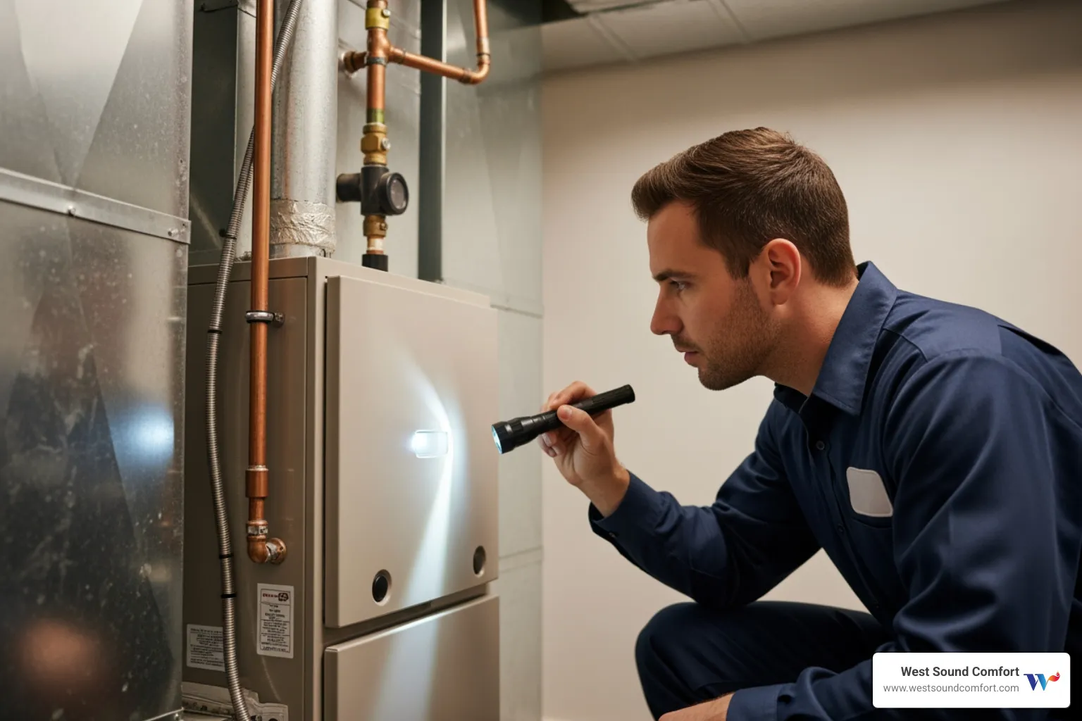 technician inspecting an indoor furnace unit - certified hvac technician in bremerton, wa