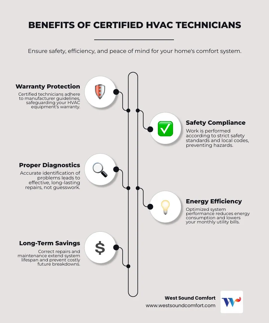 infographic showing benefits of certified HVAC technicians including warranty protection, safety compliance, proper diagnostics, energy efficiency improvements, and long-term cost savings - certified hvac technician in bremerton, wa infographic infographic-line-5-steps-elegant_beige