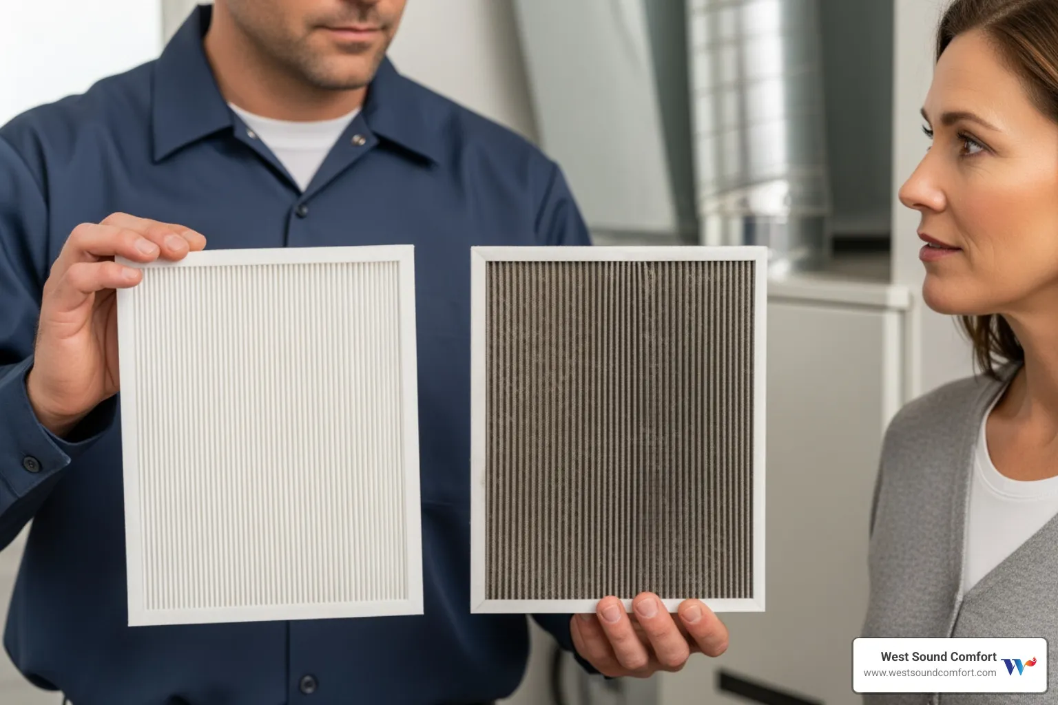 technician showing a homeowner a clean air filter next to a dirty one - certified hvac technician in bremerton, wa