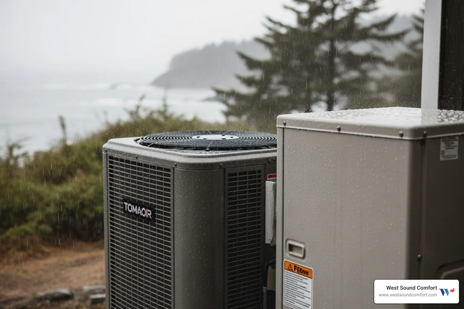outdoor HVAC unit in a rainy, coastal setting - emergency hvac repair in manchester, wa