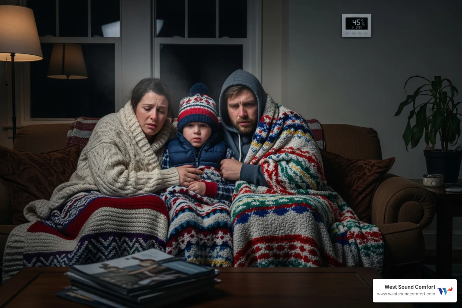 family looking cold and wrapped in blankets in their living room; HVAC emergency; Manchester WA climate; No heat; No AC - emergency hvac repair in manchester, wa