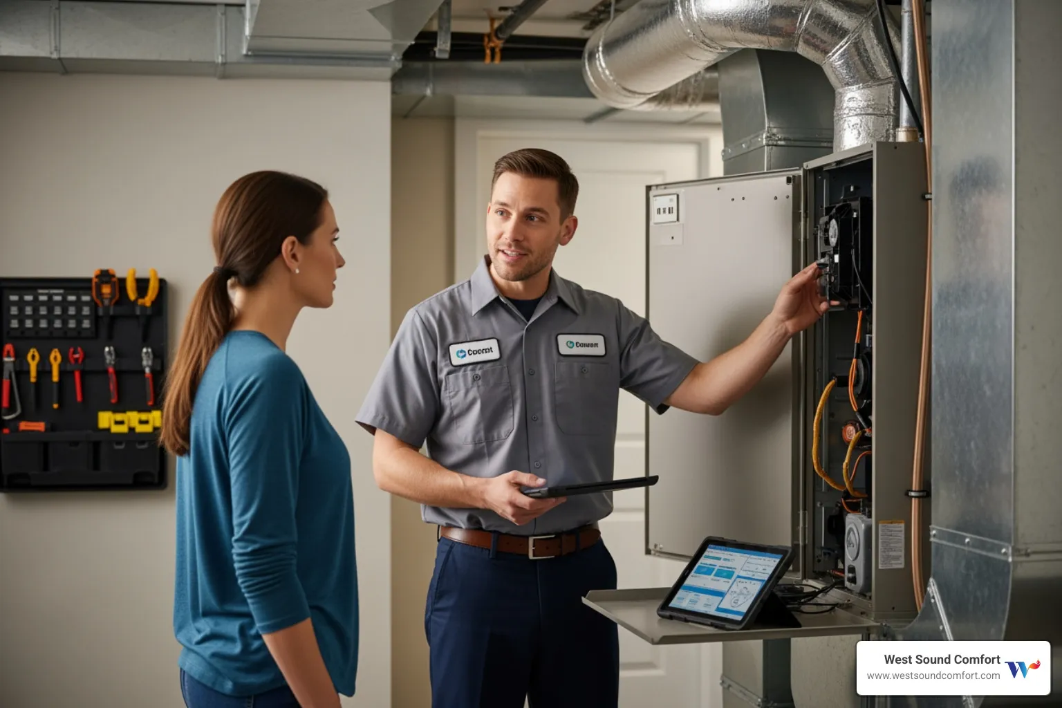 friendly technician explaining a repair to a homeowner - emergency hvac repair in manchester, wa
