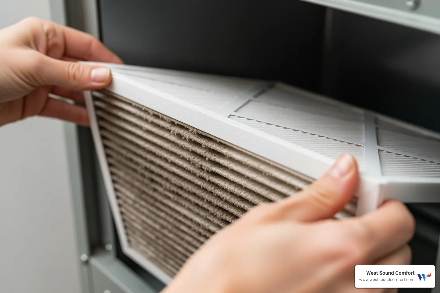 homeowner changing a dirty air filter - hvac making noise in poulsbo, wa