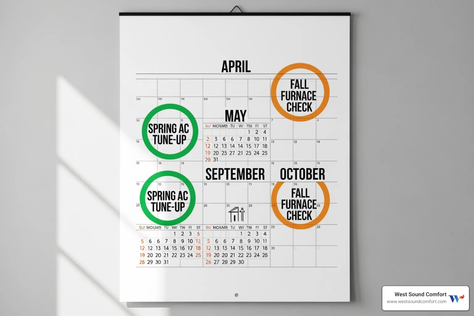 Calendar with "Spring AC Tune-Up" and "Fall Furnace Check" marked - hvac maintenance service in sequim, wa