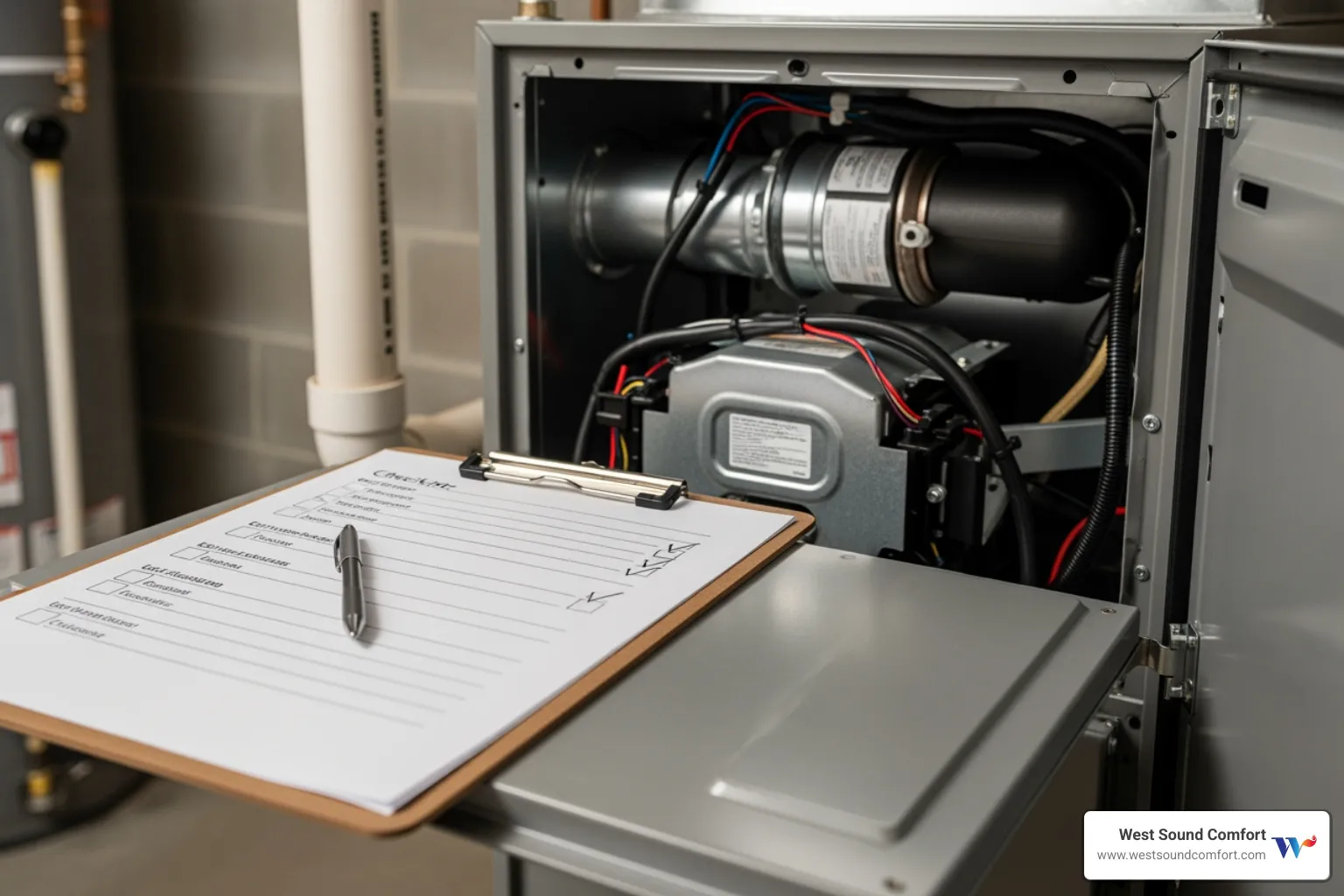 Technician's checklist on a clipboard next to an open furnace panel - hvac maintenance service in sequim, wa