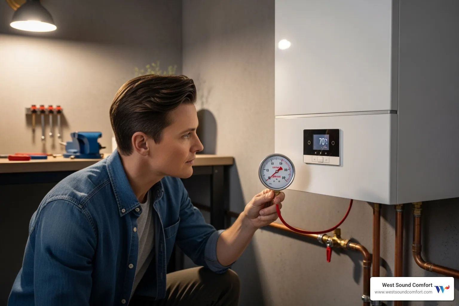 homeowner checking boiler pressure gauge - boiler making noise in poulsbo, wa