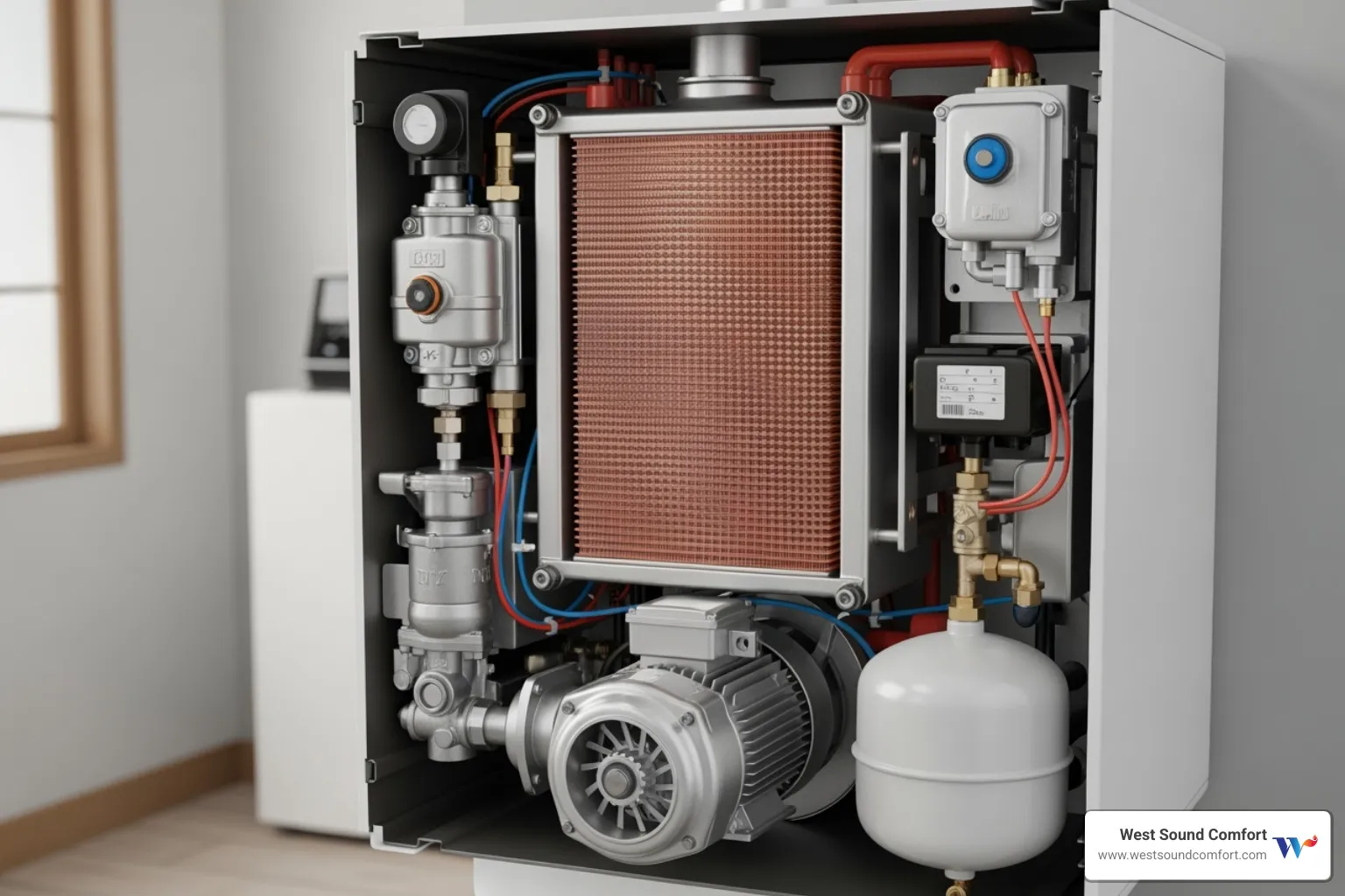 internal components of a boiler with labels for heat exchanger and pump - boiler making noise in poulsbo, wa