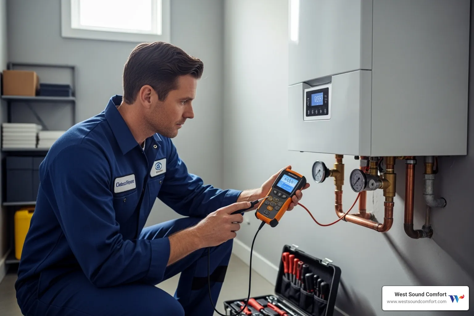 professional HVAC technician inspecting a boiler - boiler making noise in poulsbo, wa