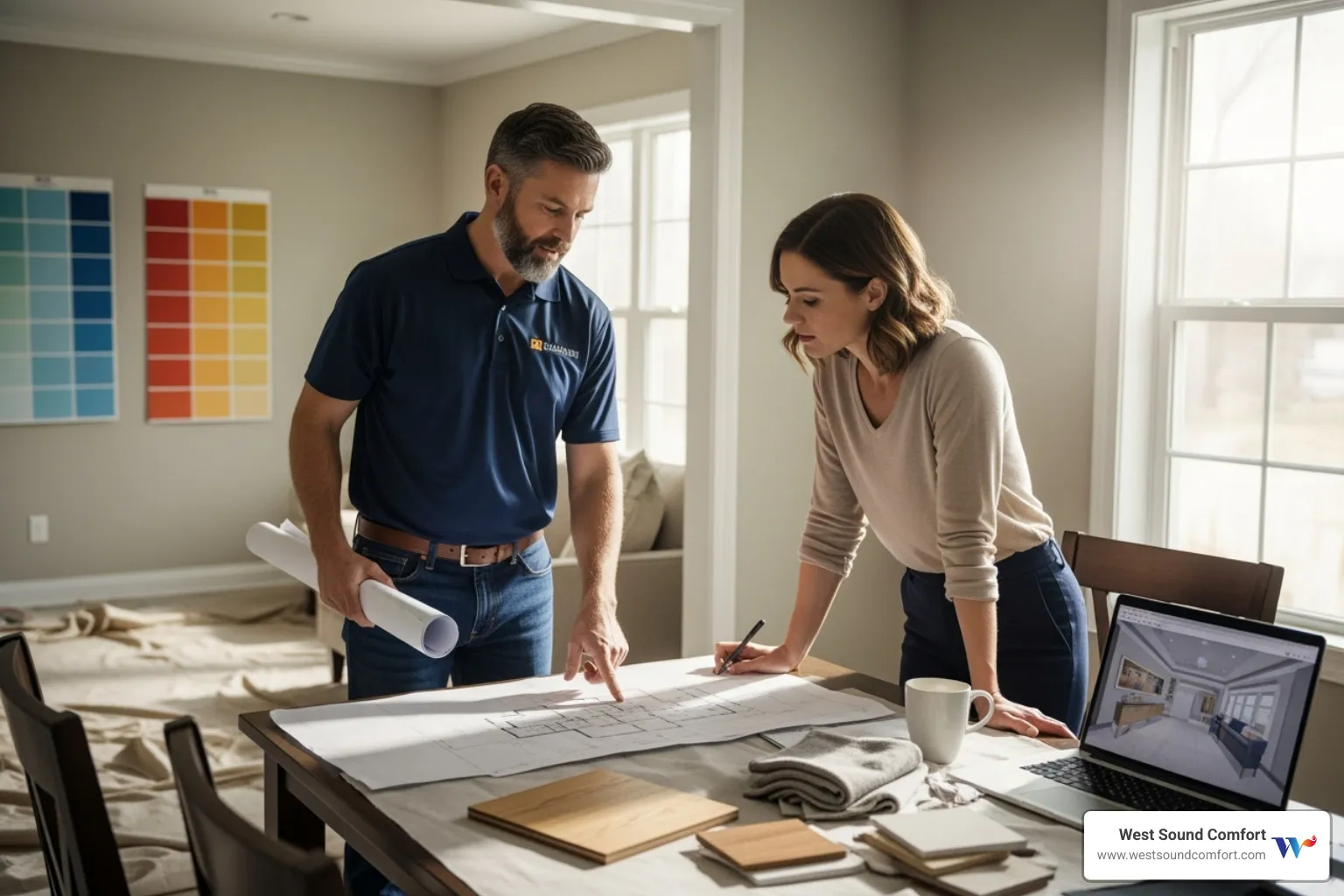 contractor discussing plans with a homeowner - licensed radiant floor heating contractor in poulsbo, wa