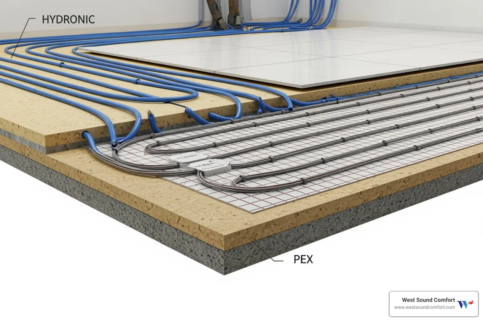 cross-section of hydronic tubes and electric mats under flooring - licensed radiant floor heating contractor in poulsbo, wa