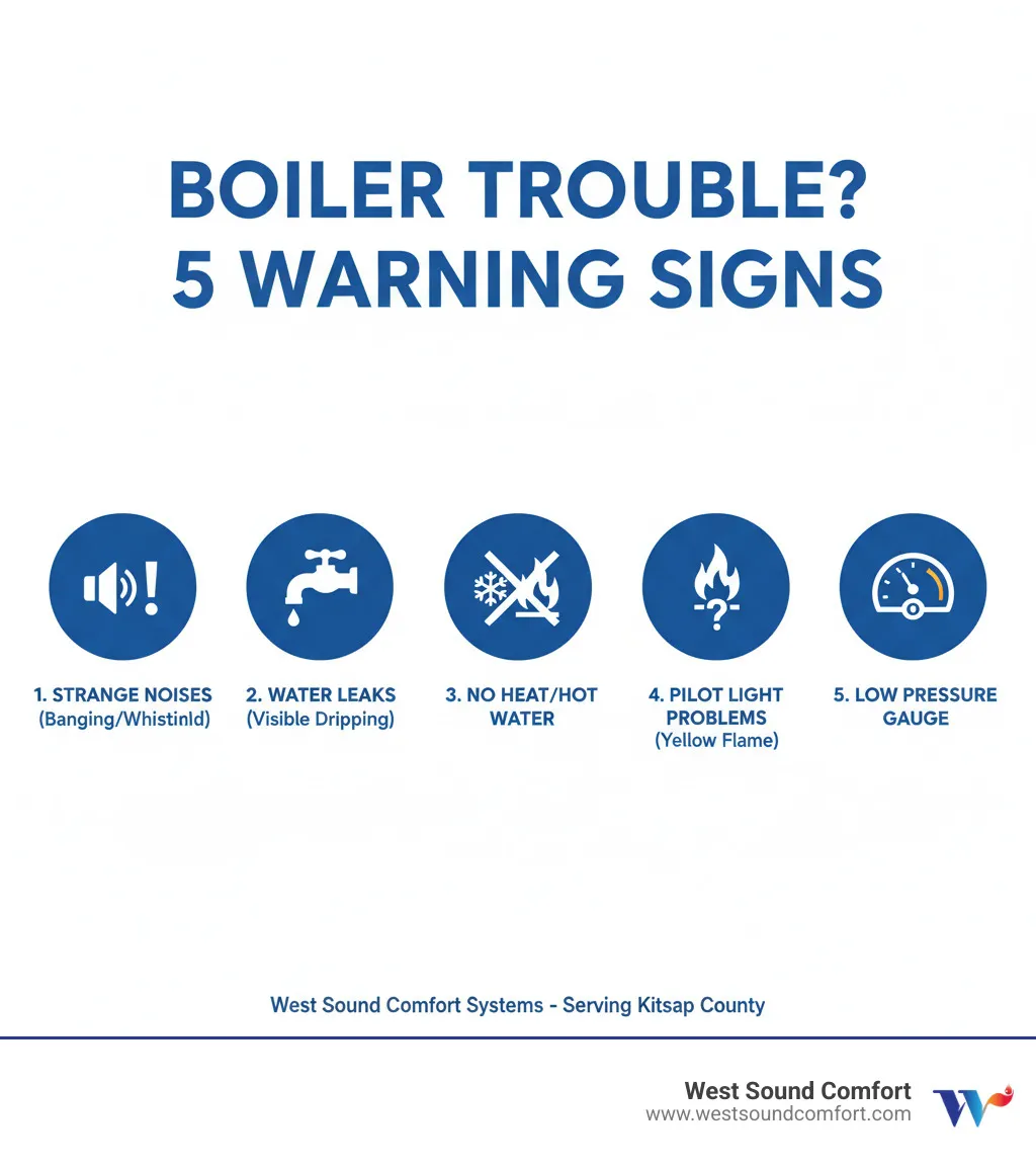 Infographic showing five warning signs of a failing boiler: 1) Strange noises like banging or whistling, 2) Visible water leaks or dripping, 3) No heat or hot water production, 4) Pilot light problems or yellow flame, 5) Low pressure gauge readings - boiler broken in bremerton, wa infographic 