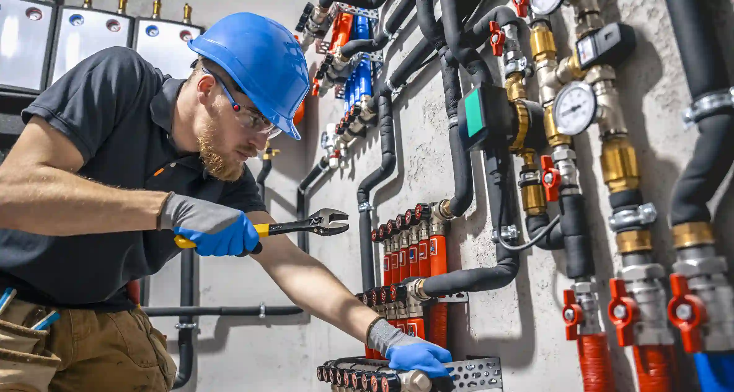 A technician in a blue hard hat and safety glasses uses an adjustable wrench to work on a wall-mounted manifold system featuring red and blue pipes and multiple pressure gauges.
