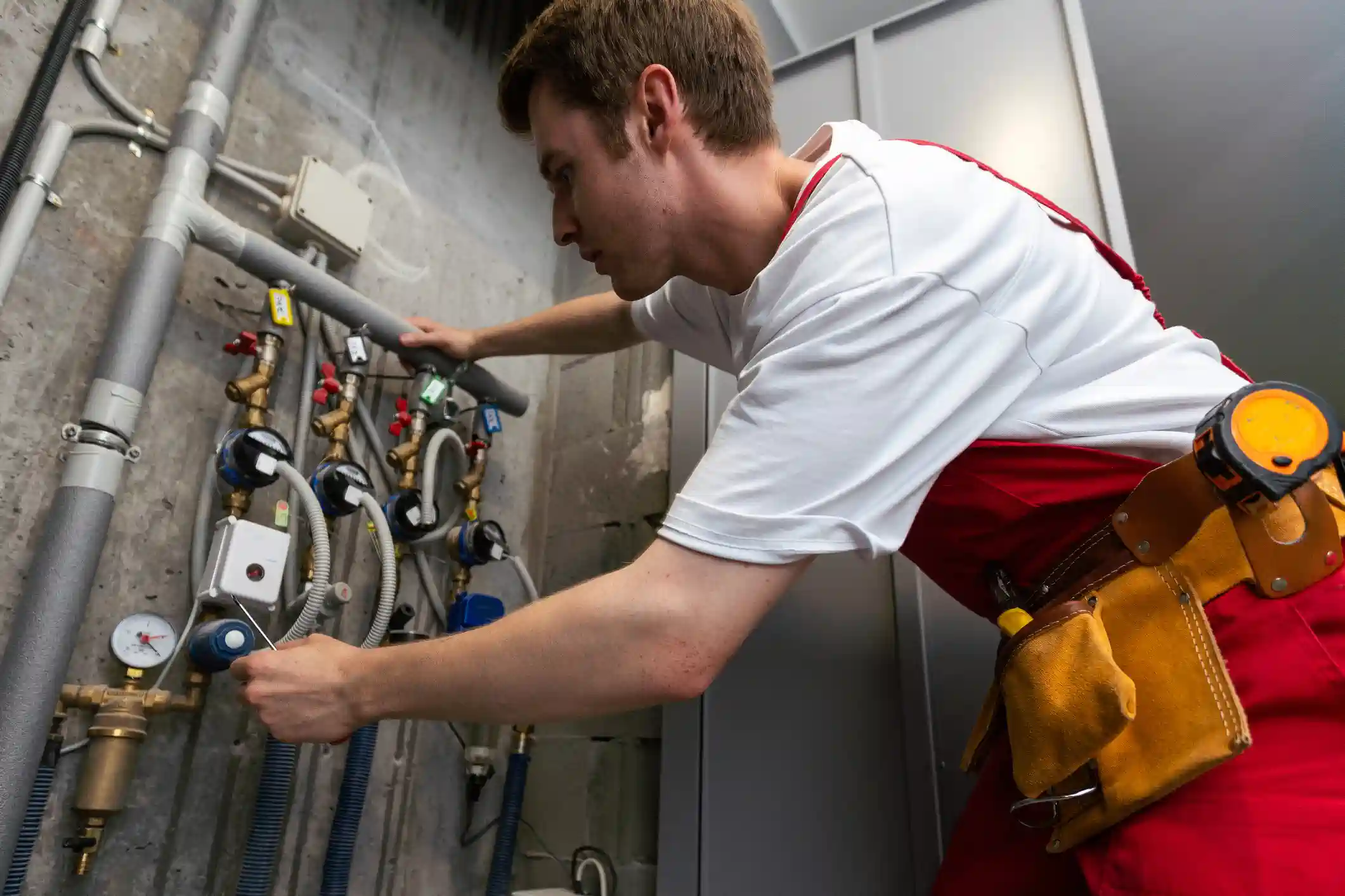 An HVAC technician wearing red overalls and a tool belt uses a small tool to adjust a gauge on a complex wall-mounted piping system with various valves and meters in a utility room.