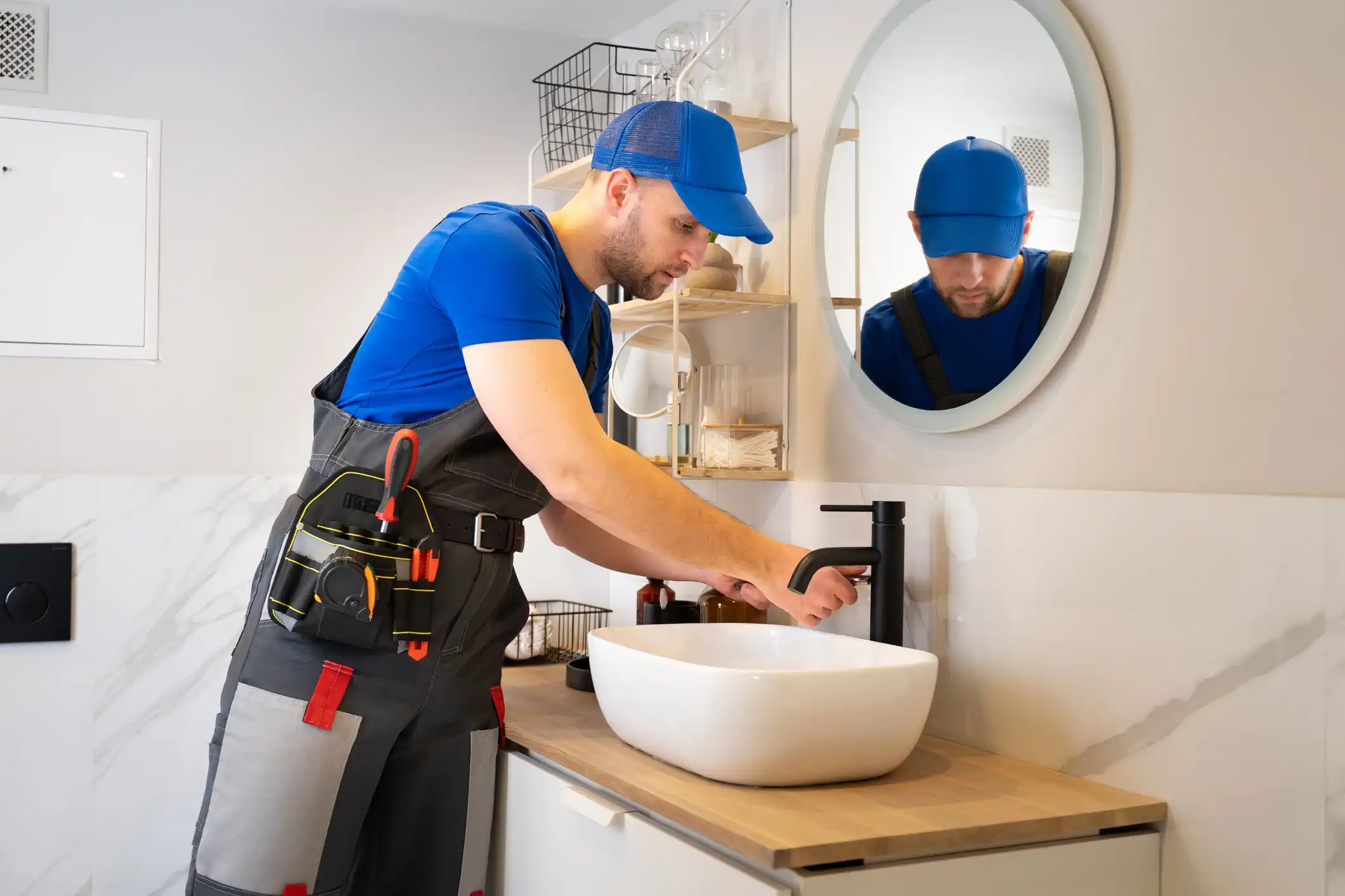A plumber wearing a blue cap and grey overalls installs or repairs a modern black faucet on a white vessel sink in a contemporary bathroom with marble-tiled walls.
