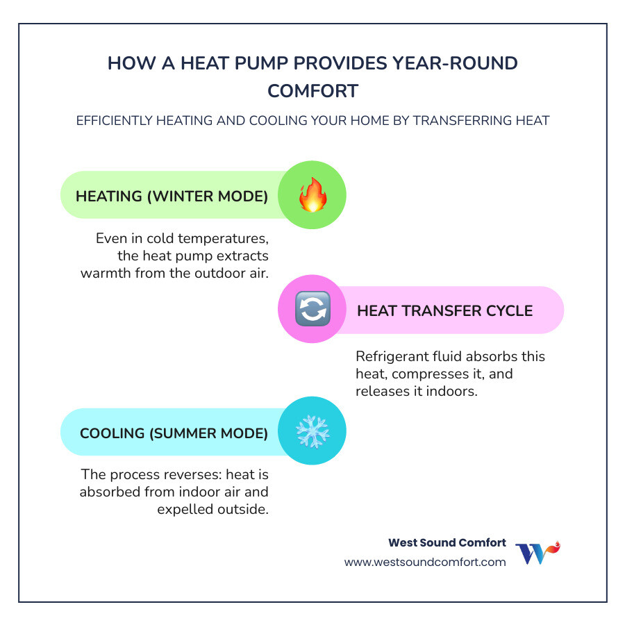infographic showing how a heat pump transfers heat from outside air to inside during winter, and reverses the process in summer, with labels for outdoor unit, indoor unit, refrigerant lines, and seasonal operation modes - heat pump installation in poulsbo wa infographic infographic-line-3-steps-colors
