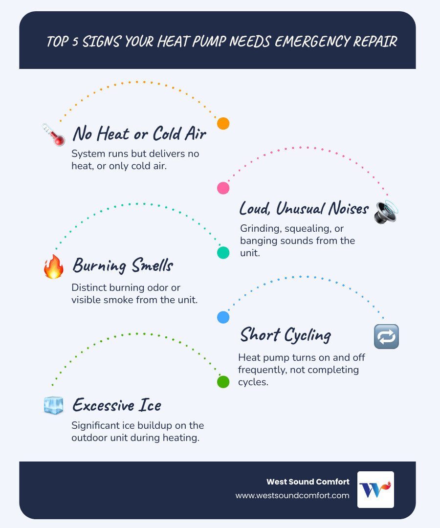 Infographic explaining the top 5 signs your heat pump needs emergency repair: 1. No heat or cold air only, 2. Strange grinding or screeching noises, 3. Burning smell or smoke, 4. System short cycling or won't stay on, 5. Ice buildup on outdoor unit in heating mode - emergency heat pump repair in poulsbo, wa infographic infographic-line-5-steps-blues-accent_colors