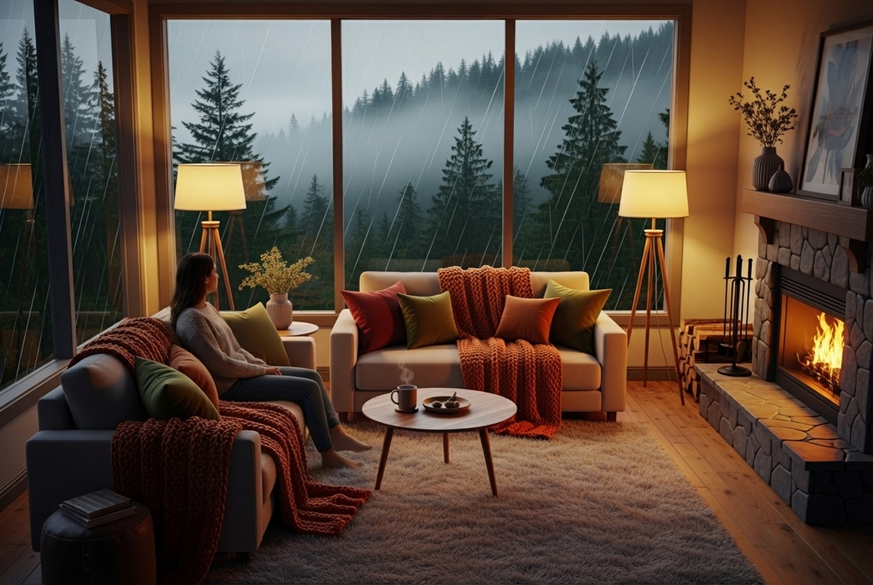 A cozy, warm living room with a view of a rainy Silverdale, WA day outside - home boiler heat maintenance in silverdale, wa