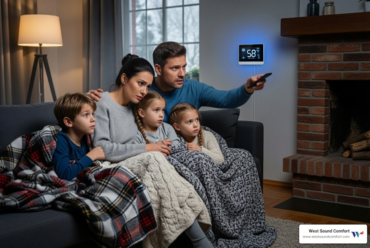 A family wrapped in blankets looking at a thermostat - 24 hour boiler heat installation in bremerton, wa