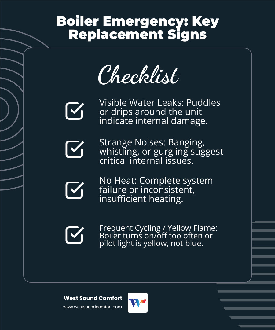 Infographic showing emergency boiler replacement signs including visible water leaks around the unit, loud banging or whistling noises, complete loss of heat, frequent cycling on and off, and a yellow pilot light flame instead of blue - 24 hour boiler heat installation in bremerton, wa infographic checklist-dark-blue