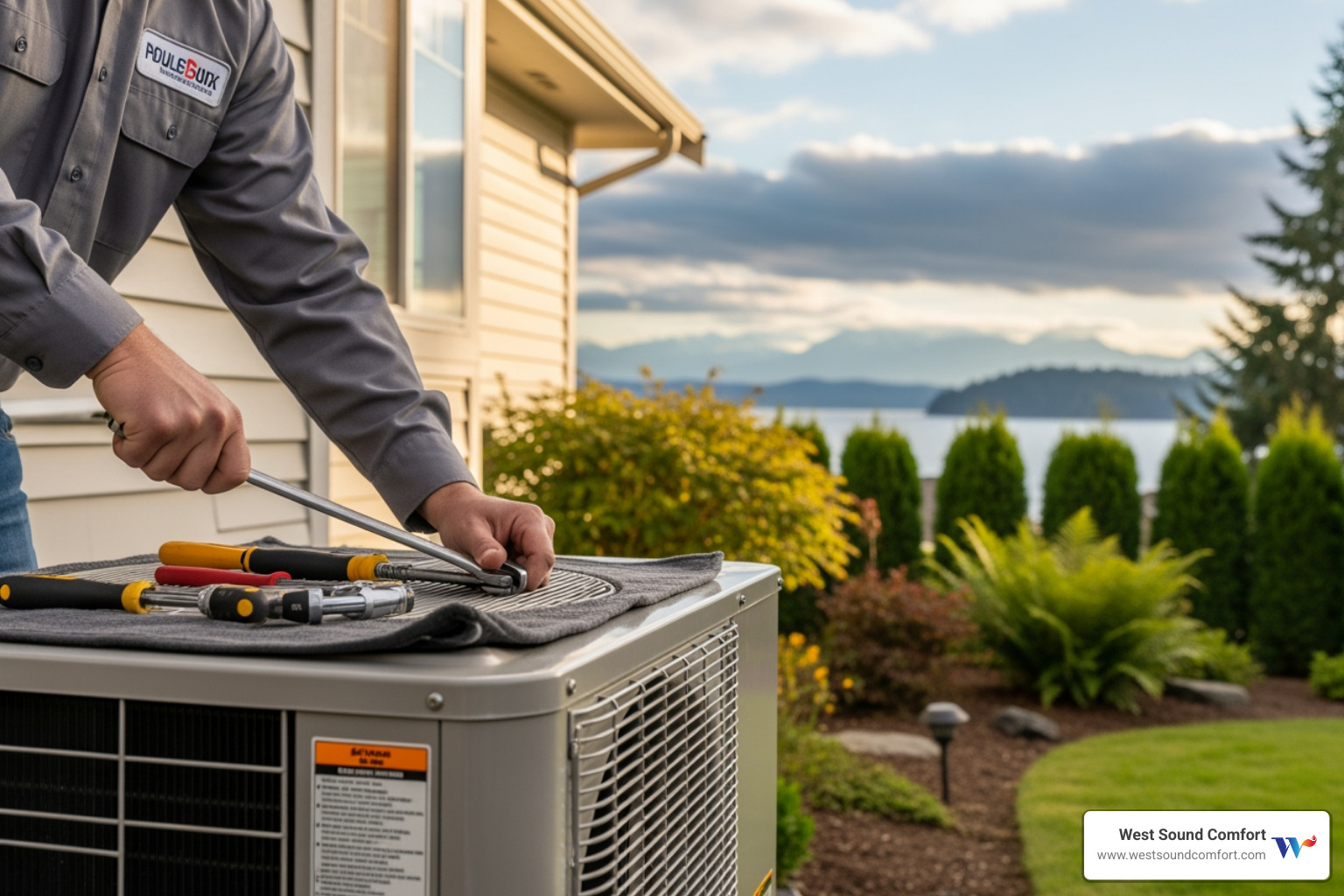 infographic showing heat pump warning signs including unusual noises, inconsistent temperatures, rising energy bills, frequent cycling, strange odors, weak airflow, and when to call for professional heat pump repair in Poulsbo WA - heat pump repair in poulsbo wa