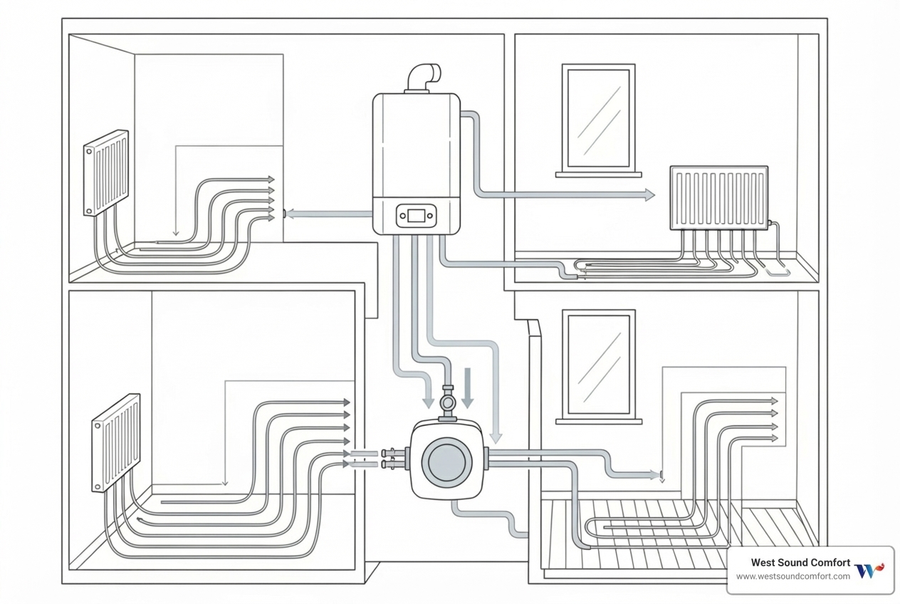 infographic showing how a boiler circulates hot water through a home's radiators and radiant heat tubing to provide even, comfortable warmth - best boiler heat installation in silverdale, wa