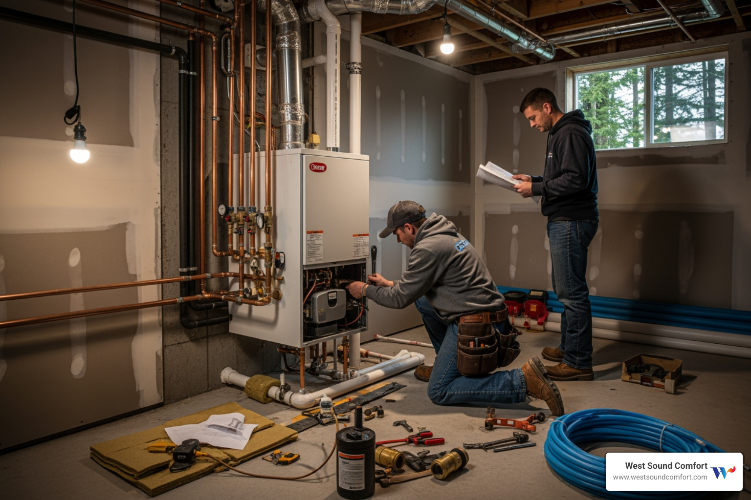 Infographic showing how a residential boiler system works: boiler heats water, hot water circulates through pipes to radiators or radiant floor tubing, heat radiates into rooms, cooled water returns to boiler to be reheated - residential boiler heat installation in belfair, wa Infographic showing how a residential boiler system works: boiler heats water, hot water circulates through pipes to radiators or radiant floor tubing, heat radiates into rooms, cooled water returns to boiler to be reheated - residential boiler heat installation in belfair, wa