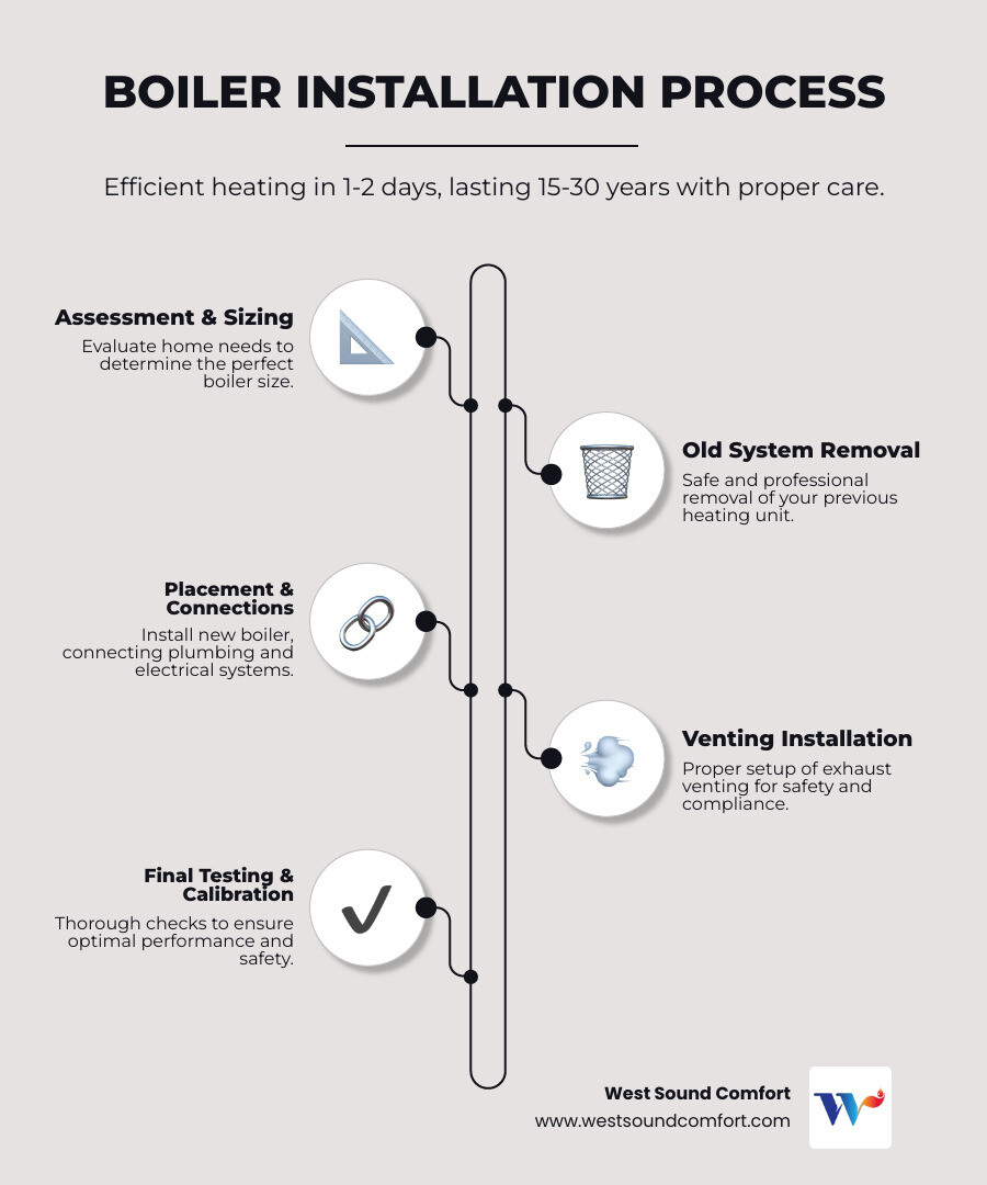 Infographic showing the boiler installation process: assessment and sizing, removal of old system if applicable, placement and connection of new boiler, plumbing and electrical hookups, venting installation, and final testing and calibration, with typical timeline of 1-2 days and lifespan of 15-30 years with annual maintenance - boiler heat installation in bainbridge island wa infographic infographic-line-5-steps-elegant_beige Infographic showing the boiler installation process: assessment and sizing, removal of old system if applicable, placement and connection of new boiler, plumbing and electrical hookups, venting installation, and final testing and calibration, with typical timeline of 1-2 days and lifespan of 15-30 years with annual maintenance - boiler heat installation in bainbridge island wa infographic infographic-line-5-steps-elegant_beige
