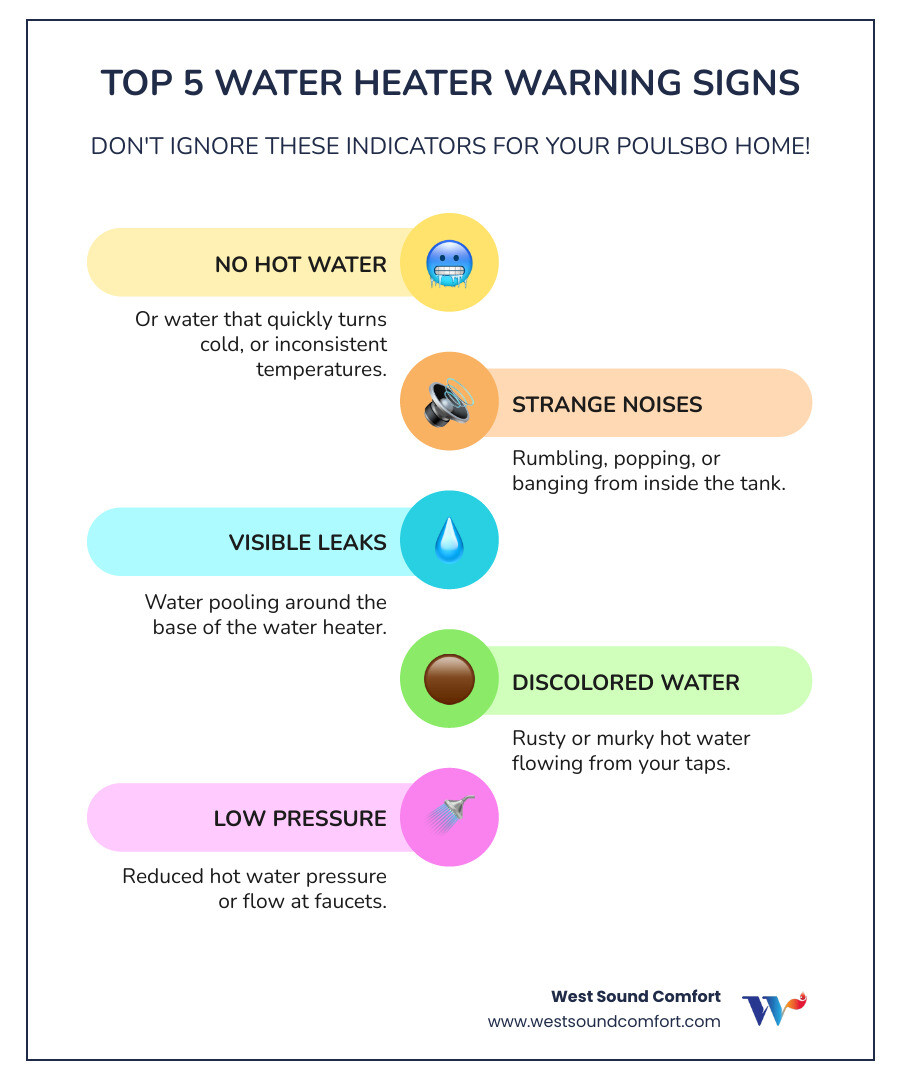 Infographic showing the top 5 warning signs your water heater needs immediate professional repair: 1. No hot water or inconsistent temperature, 2. Rumbling or popping sounds from the tank, 3. Visible leaks or water pooling at the base, 4. Discolored or rusty hot water, 5. Low hot water pressure or reduced flow - home water heater repair in poulsbo, wa infographic infographic-line-5-steps-colors Infographic showing the top 5 warning signs your water heater needs immediate professional repair: 1. No hot water or inconsistent temperature, 2. Rumbling or popping sounds from the tank, 3. Visible leaks or water pooling at the base, 4. Discolored or rusty hot water, 5. Low hot water pressure or reduced flow - home water heater repair in poulsbo, wa infographic infographic-line-5-steps-colors