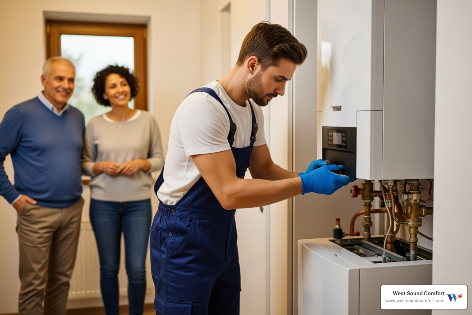 infographic showing emergency boiler response workflow: homeowner discovers no heat, performs basic checks of thermostat and power, contacts licensed professional, technician arrives same day for assessment, provides honest repair versus replacement recommendation, completes installation with proper venting and testing, homeowner restored to comfort with new high-efficiency system - emergency boiler heat installation in silverdale, wa