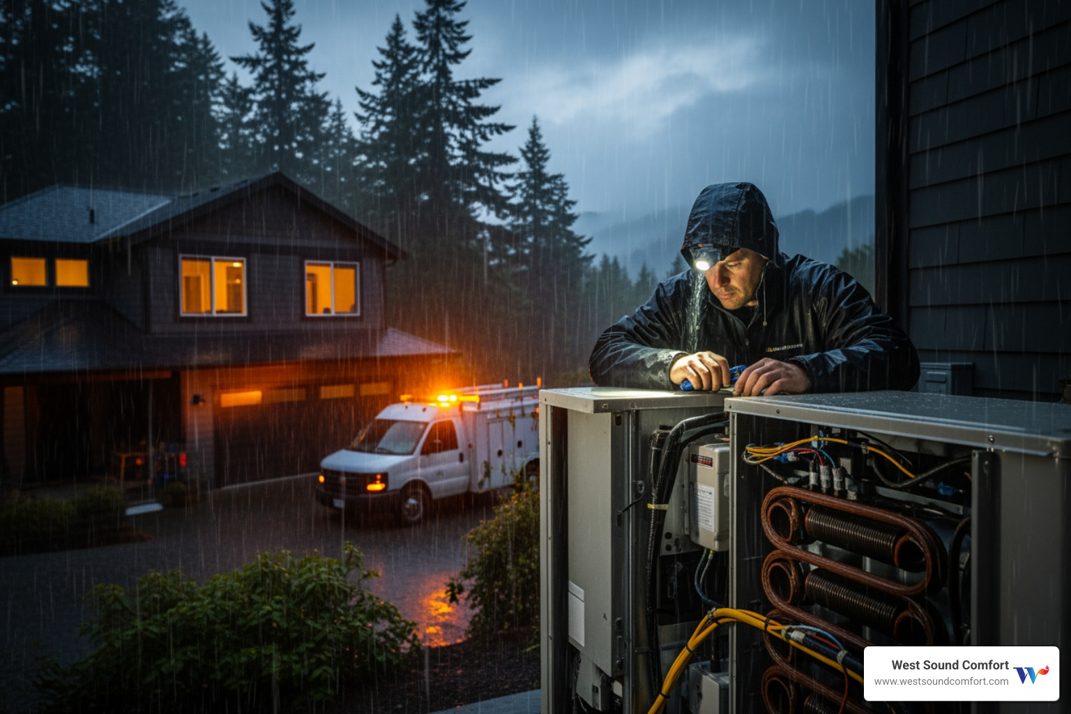 Infographic showing how a heat pump works in both heating and cooling modes, with arrows indicating heat transfer from outdoor air to indoor spaces in winter, and the reverse process in summer, plus key components like the compressor, refrigerant lines, indoor and outdoor coils, and reversing valve - emergency heat pump repair in bainbridge island, wa