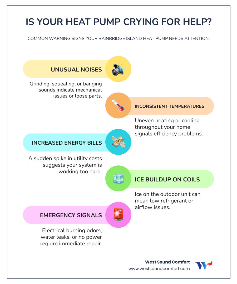 infographic showing common heat pump problems on Bainbridge Island including unusual noises, inconsistent temperatures, high energy bills, ice buildup, and when to call for emergency repair versus routine maintenance - heat pump repair in bainbridge island wa infographic infographic-line-5-steps-colors