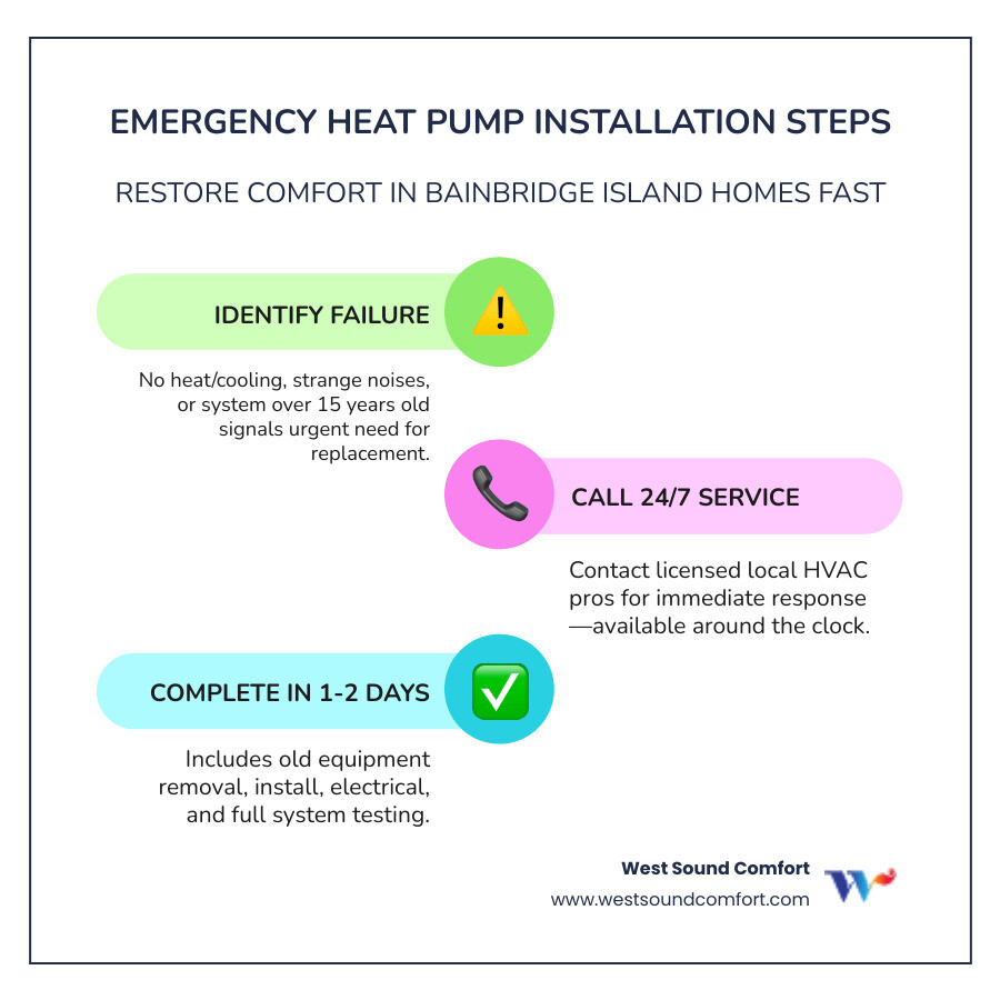 Infographic showing steps for emergency heat pump installation on Bainbridge Island: identify failure signs, call 24/7 HVAC