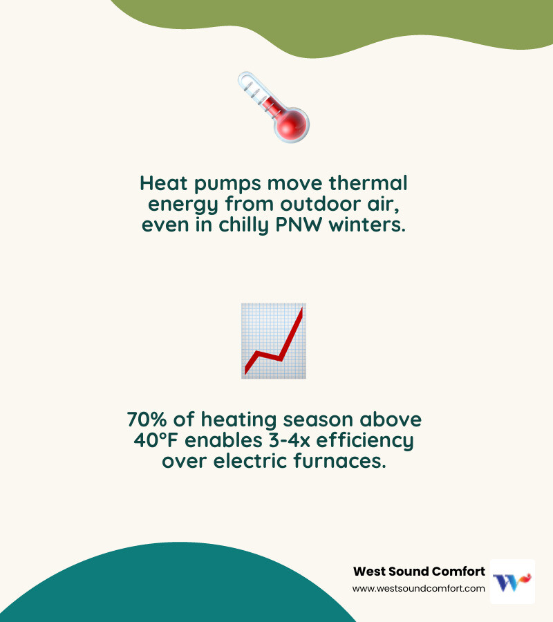 Infographic showing how heat pumps transfer heat in the Pacific Northwest climate for Bremerton homeowners - best heat pump
