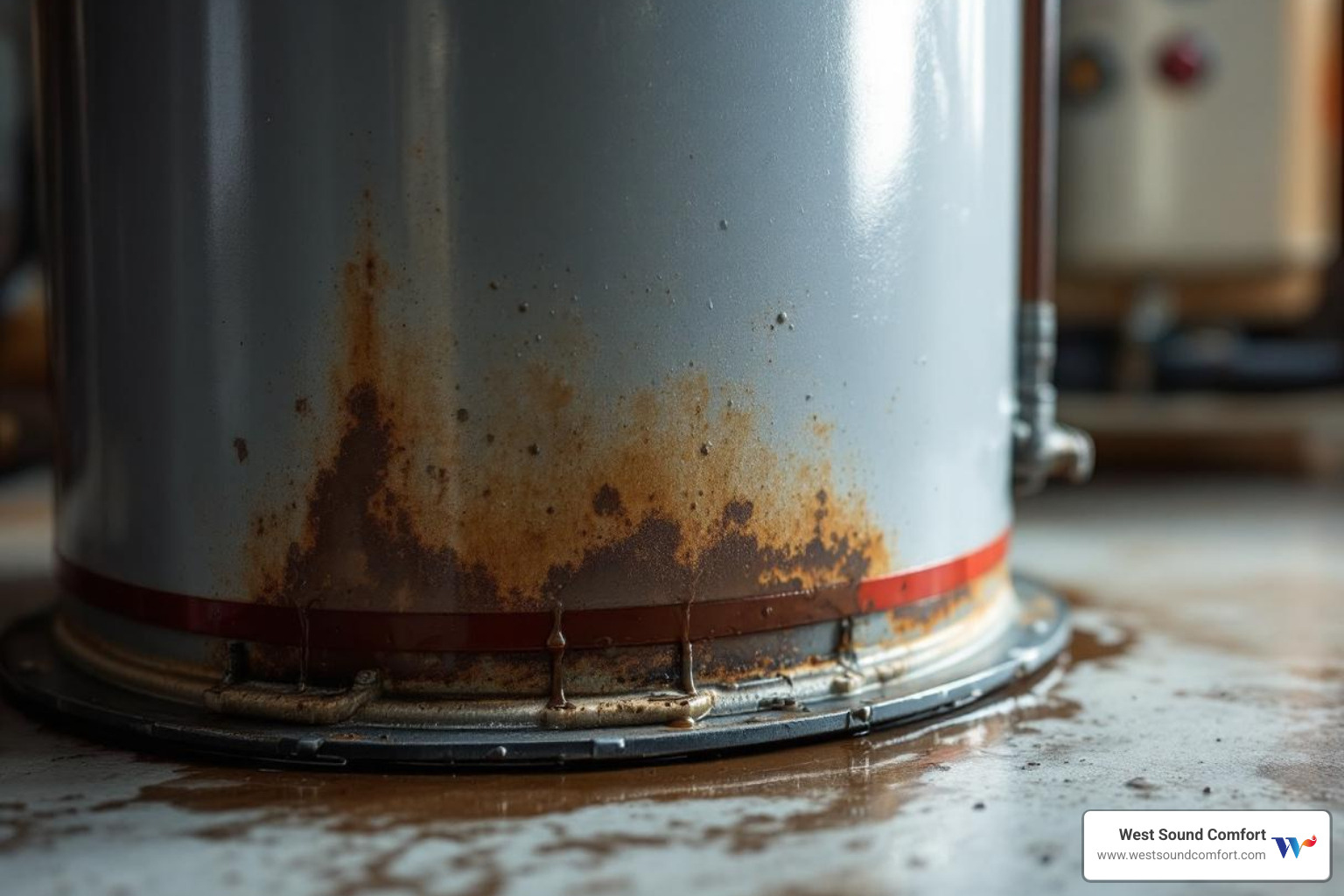 Infographic showing the top 5 signs your water heater needs replacement: unit age over 10-15 years, visible leaks or corrosion, inconsistent hot water temperature, strange rumbling or banging noises, and rusty or discolored water from taps - water heater installation in bainbridge island wa