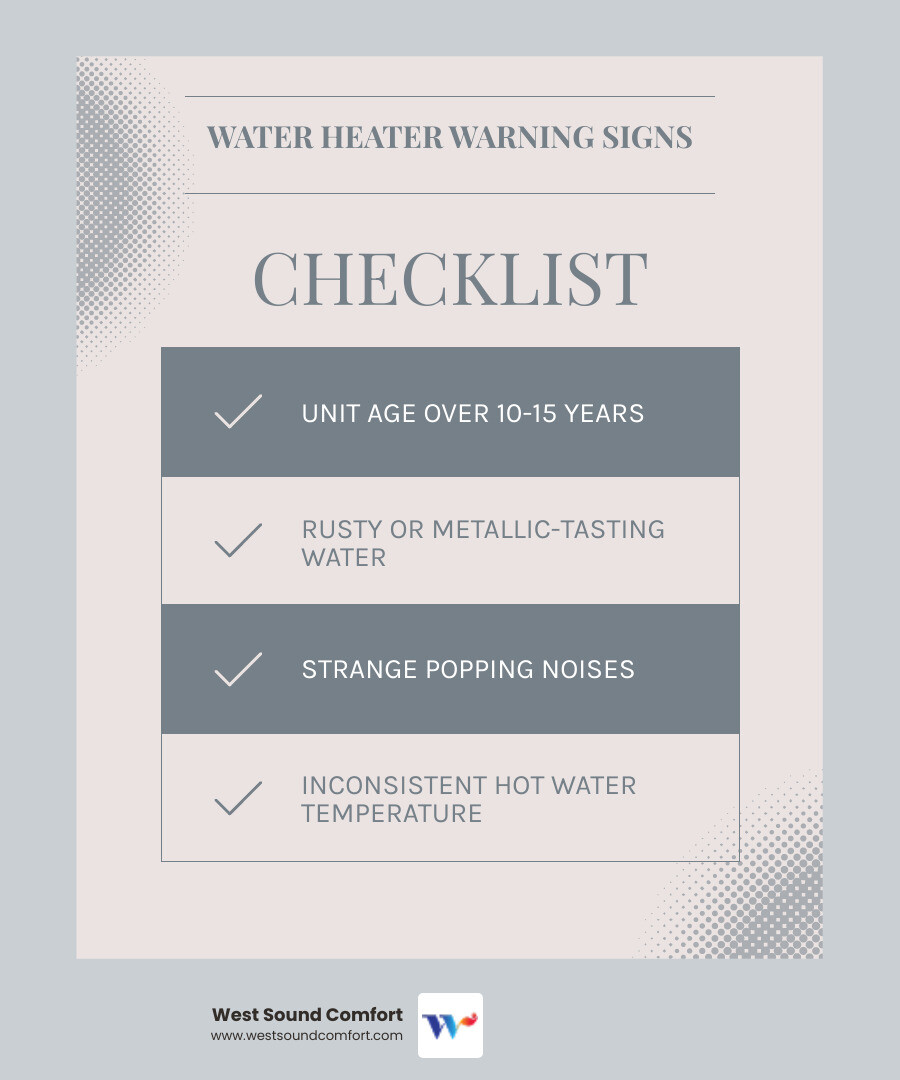 Infographic showing the 10-15 year water heater lifecycle, key warning signs, and replacement tips for Bremerton homeowners Infographic showing the 10-15 year water heater lifecycle, key warning signs, and replacement tips for Bremerton homeowners