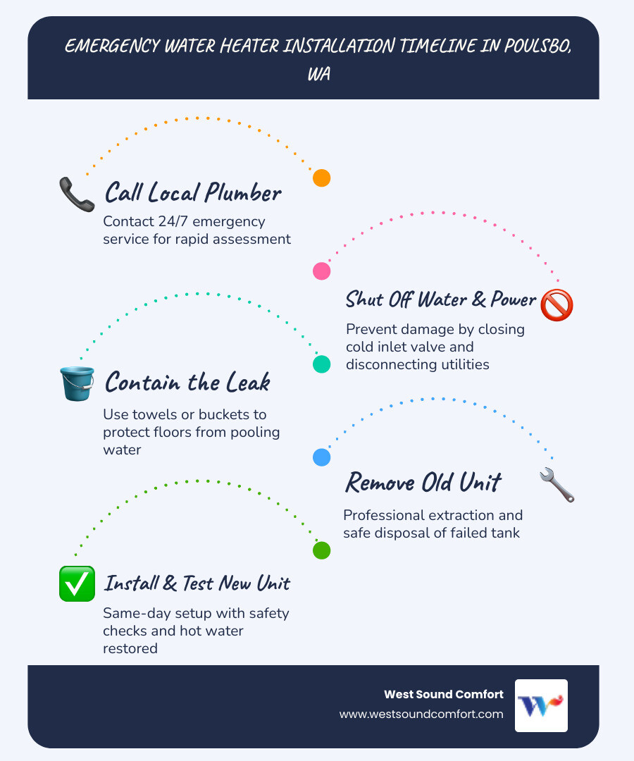 Infographic showing emergency water heater installation timeline in Poulsbo WA from first call to restored hot water Infographic showing emergency water heater installation timeline in Poulsbo WA from first call to restored hot water