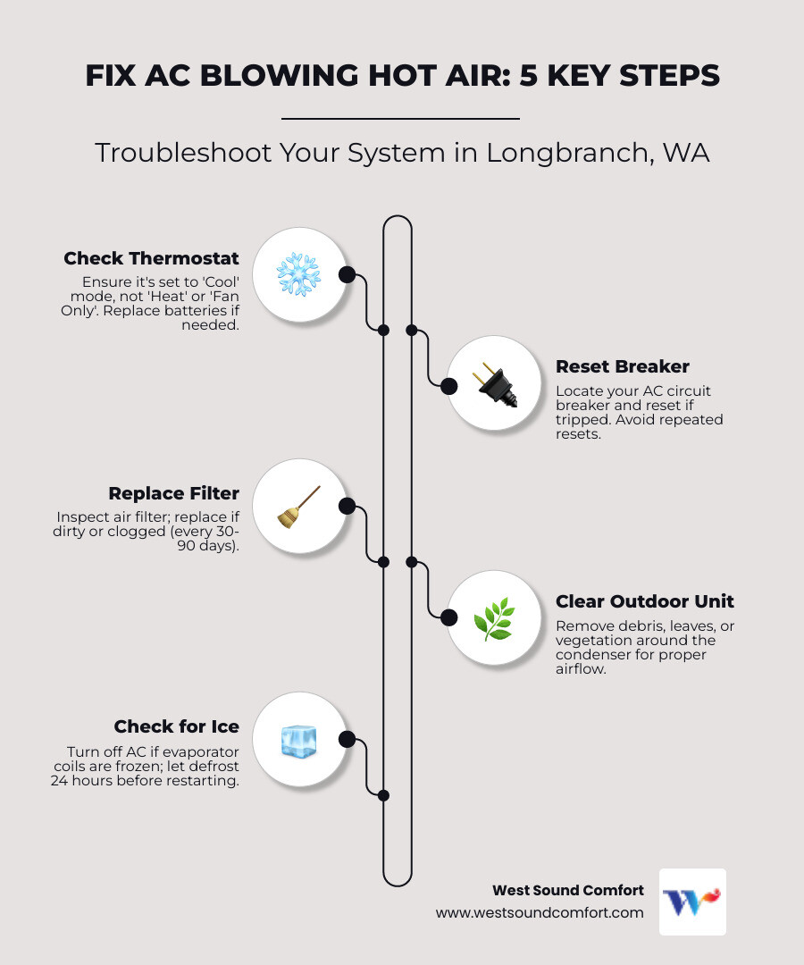 Common causes of AC blowing hot air infographic with troubleshooting checklist for Longbranch WA homeowners - ac blowing hot Common causes of AC blowing hot air infographic with troubleshooting checklist for Longbranch WA homeowners - ac blowing hot