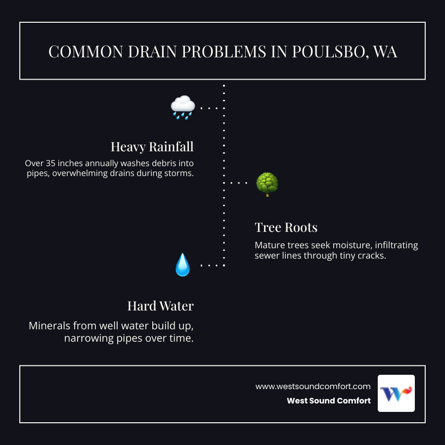 Infographic showing common household drain problems in Poulsbo WA including rainfall debris tree roots hard water and Infographic showing common household drain problems in Poulsbo WA including rainfall debris tree roots hard water and