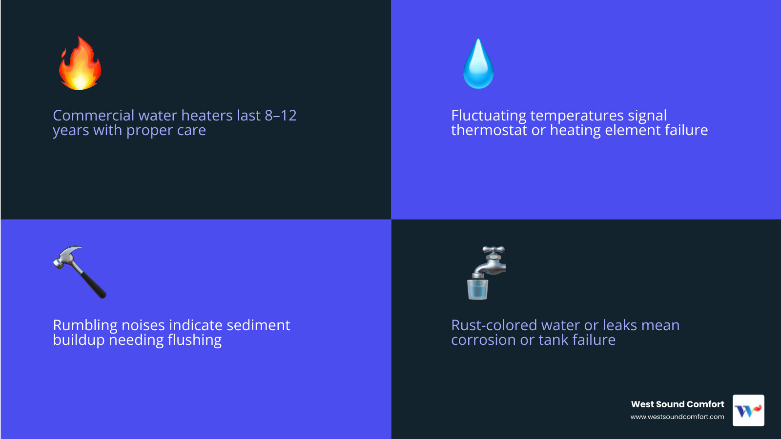 Infographic showing commercial water heater lifespan, warning signs, and repair vs replacement timeline - commercial water
