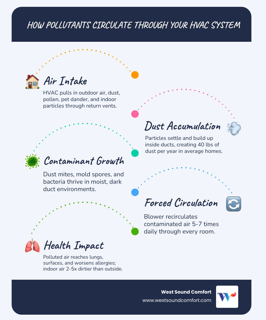 infographic showing how dust and pollutants circulate through an HVAC duct system and affect indoor air quality - duct